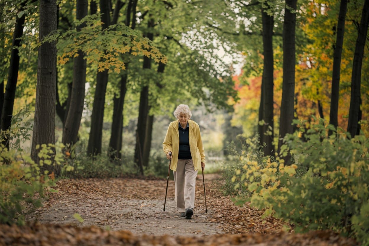 femme agée en train de marcher en foret